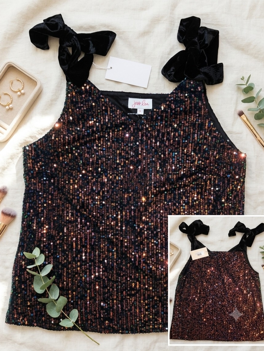 NWT Jess Lea Date Night Out Sequin Tank Top Black Iridescent Velvet Bow Straps L